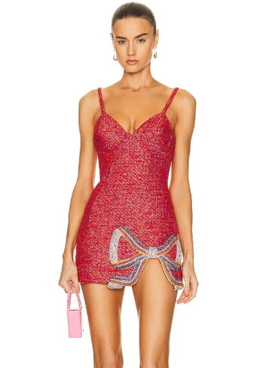 AREA Dresses & Skirts - Area Crystal Bow Mini Dress Red Metallic Tweed Size 8 Cocktail Dress $1,595